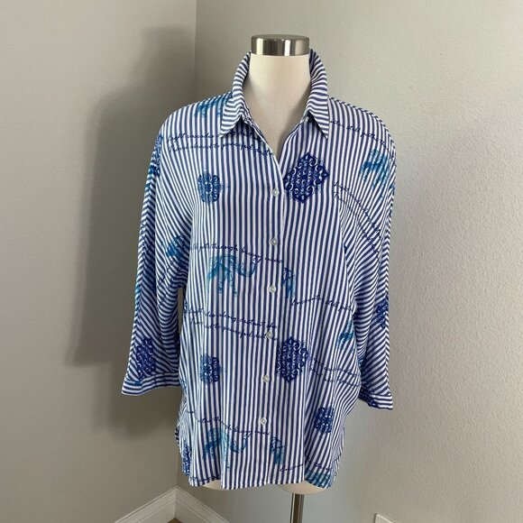 Chicos Womens XL Button Up Striped Blouse Long Dolman Sleeve Tunic Top Shirt - Picture 1 of 12